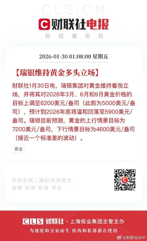 瑞银：金价仍未反映真实风险，2026年将较当前水平再涨20%